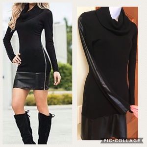 Knit cowl neck dress with faux leather inserts